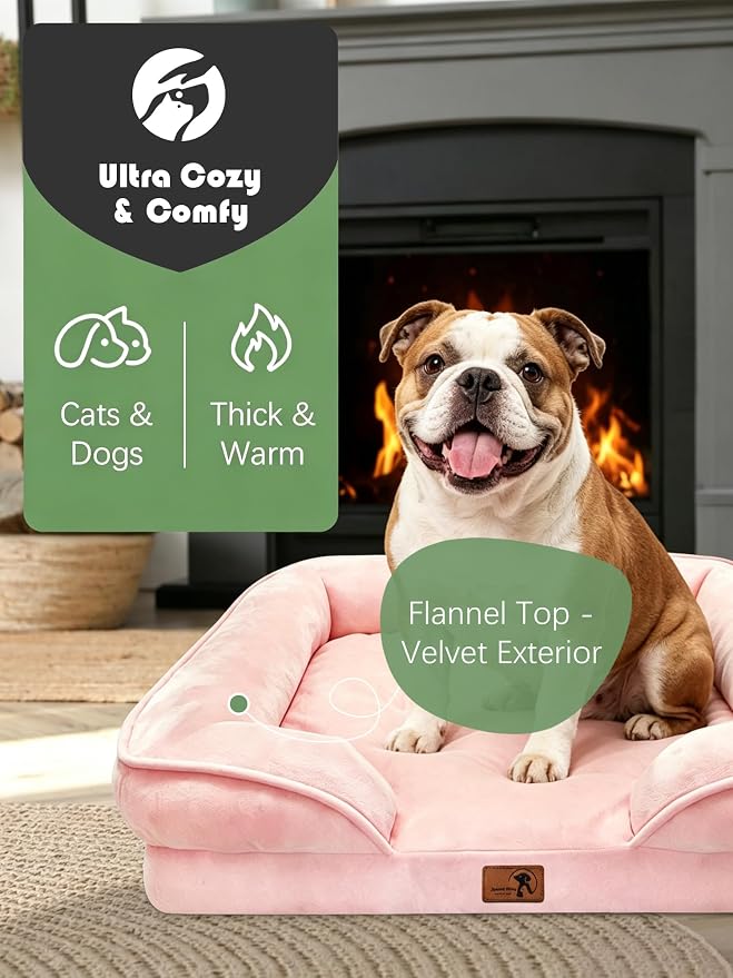 Spotted Play Orthopedic Dog Bed with Sides - Sofa Beds for Large Dogs, Supportive Foam Pet Couch Bed with Washable Removable Cover, Waterproof Lining and Non-Slip Bottom, Pink - L