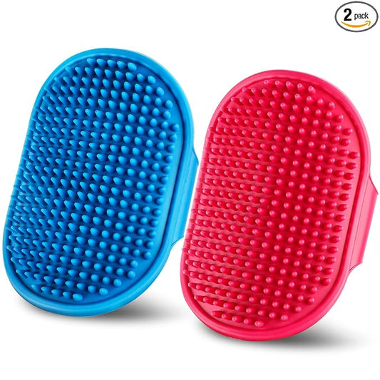 Dog Grooming Brush，Pet Shampoo Massage Bath Brush Comb with Adjustable Loop Handle for Grooming Short and Long Hair Cats and Dogs, 2pcs(Tapered brush head, Blue+Red)
