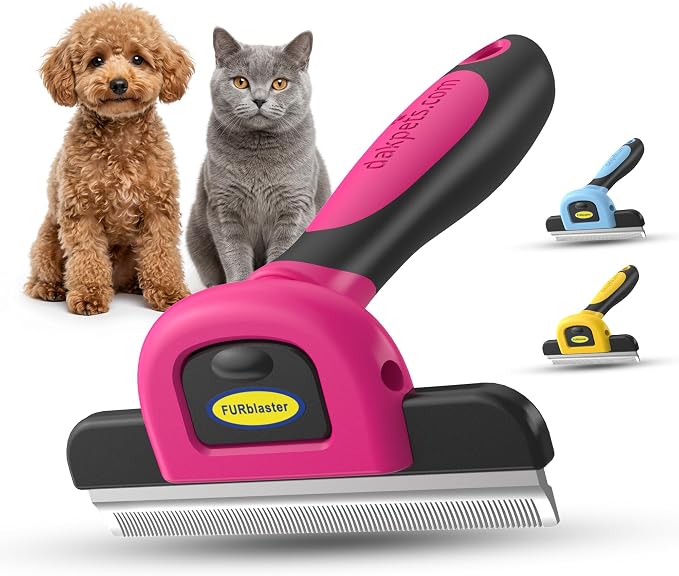 DakPets Stainless Steel Pet Deshedding Tool - Grooming Brush for Cats and Dogs, Removes Trapped Hair, Reduces Shedding by Up to 95%, All Hair Types, Includes Protective Blade Cover, Pink, 4 inches