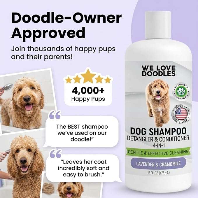 Dog Shampoo, Conditioner & Detangler, Hypoallergenic Tearless Lavender 16OZ | For Sensitive Itchy Skin, Best Shampoo For Smelly Dogs, Goldendoodle, Poodle & Doodle, Puppy Pet Wash Soap, USA Made, 4-in-1