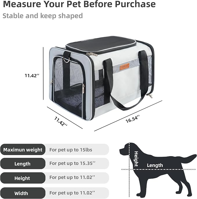 YUNIQUE Soft-Sided Cat & Dog Carrier for Pets Up to 15 Lbs, Airline Approved Collapsible Travel Puppy Carrier with Lightweight Fabric Design (lightgrey)
