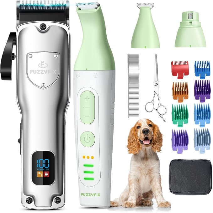 Dog Grooming Kit Dog Clippers for Grooming for Thick Curly Coats | Low Noise Pet Paw Trimmer with Qiuet Nail Grinder Rechargeable Stainless Steel Hair Trimmer for Heavy Coats Dogs Cats