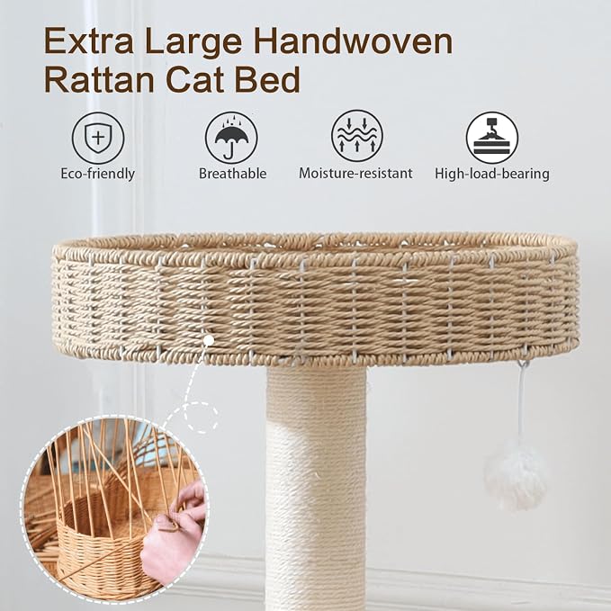 48in Natural Wood Cat Tree for Large Cats, Big Modern Cat Tower | Sturdy Cat Condo, Tall Modern Design, with Scratching Post and Hand-Woven Cat Basket, for Multi Adult Cats, Easy to Clean