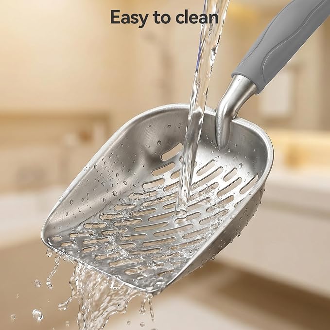 Cat Litter Scoop, Large Long Handle Kitty Metal Scooper, Heavy Duty Aluminum Deep Sifter, Ergonomic Non-Slip Grip, Rustproof Durable Poop Cleaner for Cat Litter Box