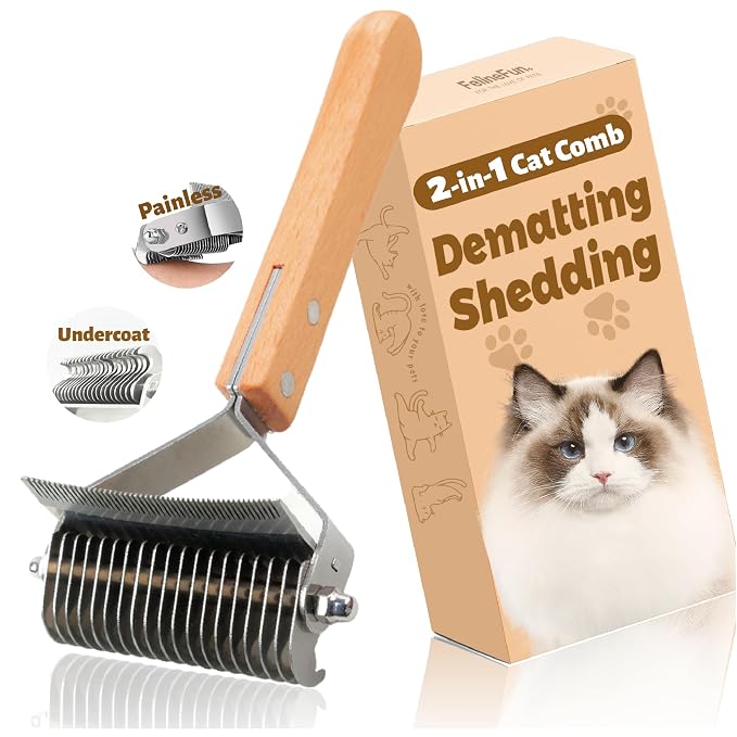 FelineFun Cat Brush for Dematting & Deshedding, 2 in 1 Undercoat Rake, Efficiently Remove Loose Hair & Matted Fur, Professional Shedding Comb for Indoor Cats & Long Haired Cats | Dual-sided undercoat rake helps remove loose hair, tangles, and light to ...