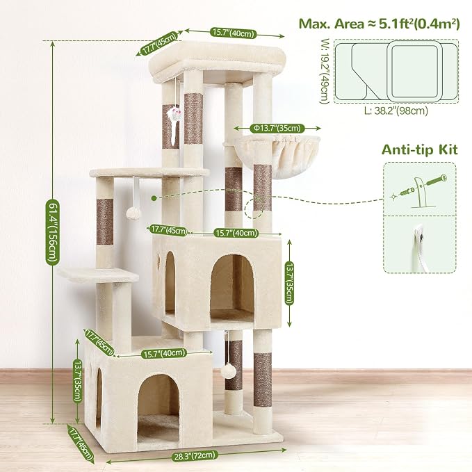 Globlazer Heavy Duty Cat Trees for Big Cats Maine Coon, F61, Beige | Cat Tower for Indoor Large Adult Cats with Scratching Post, Extra Large Top Perch, Cat Condos, 61inch