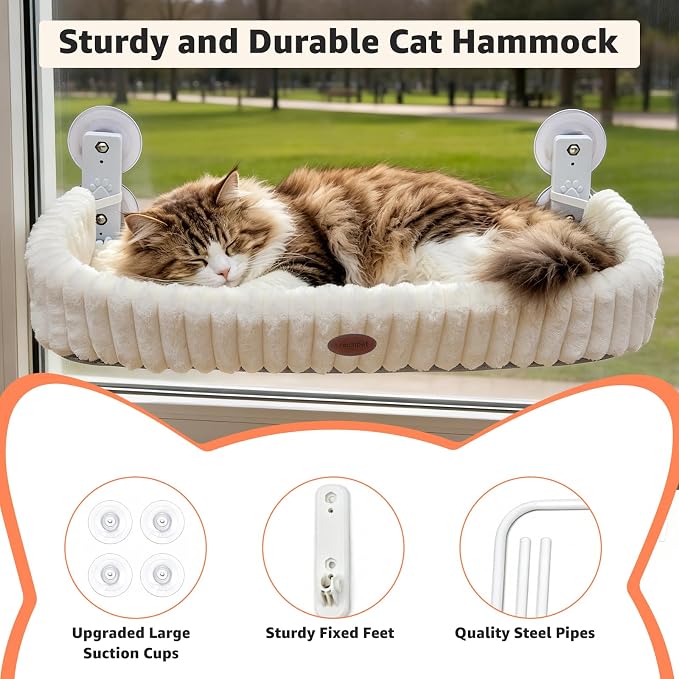 Cordless Cat Window Perch, Large Size Hammock with 4 Strong Suction Cups, Cat Hammock for Window with Two Fabrics Cover, Foldable Bed for Cats, White