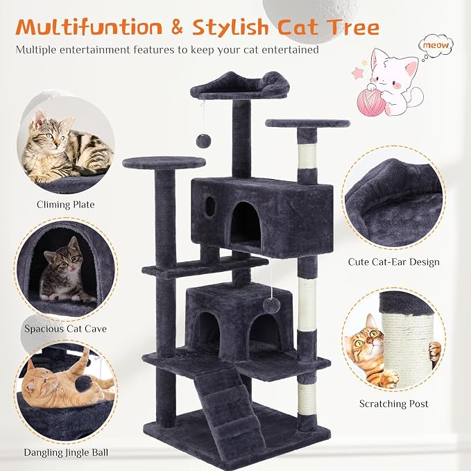 54 Inch Cat Tree Tower with Sisal Scratching Posts | Multi-Level Cat Tower with Climbing Ladder, Play Toy Balls House for Indoor Cats, Grey