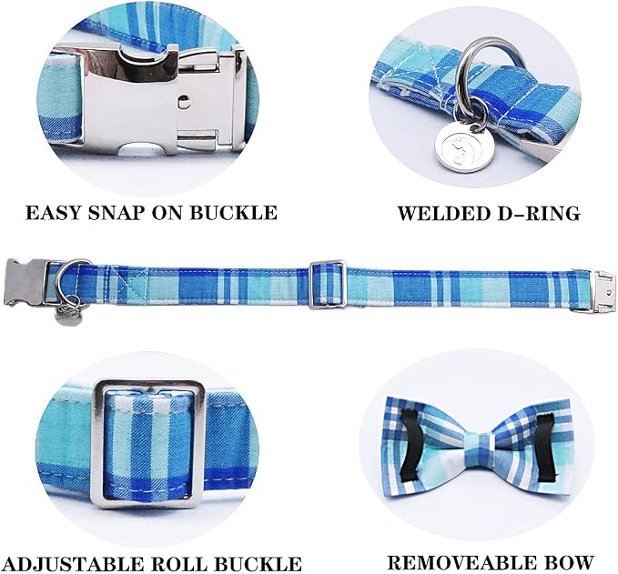 DOGWONG Plaid Dog Collar with Bow tie-Summer Cotton Dog Collar Blue Plaid Pet Collars Comfortable Cute Collars for Small Medium Large Dogs