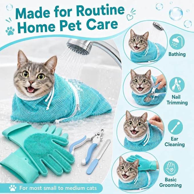 Cat Bathing Set with Pet Grooming Gloves for Cat Grooming, Upgraded Breathable Cat Bag for Bath with Openable Zipper and Reinforced Handle, Cat Washing Set with Nail Clipper File (Green)
