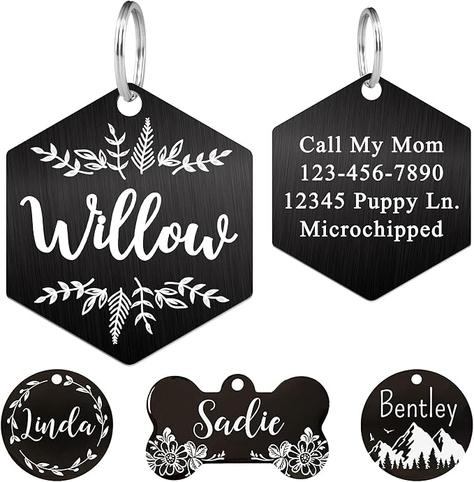 Ultra Joys Stainless Steel Pet ID Tag Dog Name Tags Personalized Front and Back Engraving, Customized Dog Tags and Cat Tag, Optional Engraved on Both Sides, Hexagon Tag with Vine Design, Large