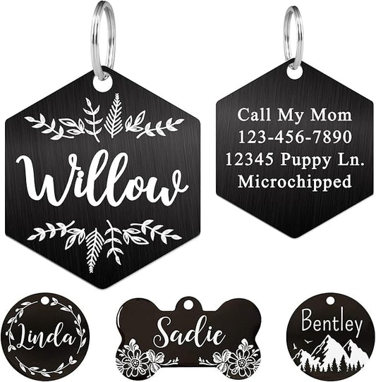 Ultra Joys Stainless Steel Pet ID Tag Dog Name Tags Personalized Front and Back Engraving, Customized Dog Tags and Cat Tag, Optional Engraved on Both Sides, Hexagon Tag with Vine Design, Large