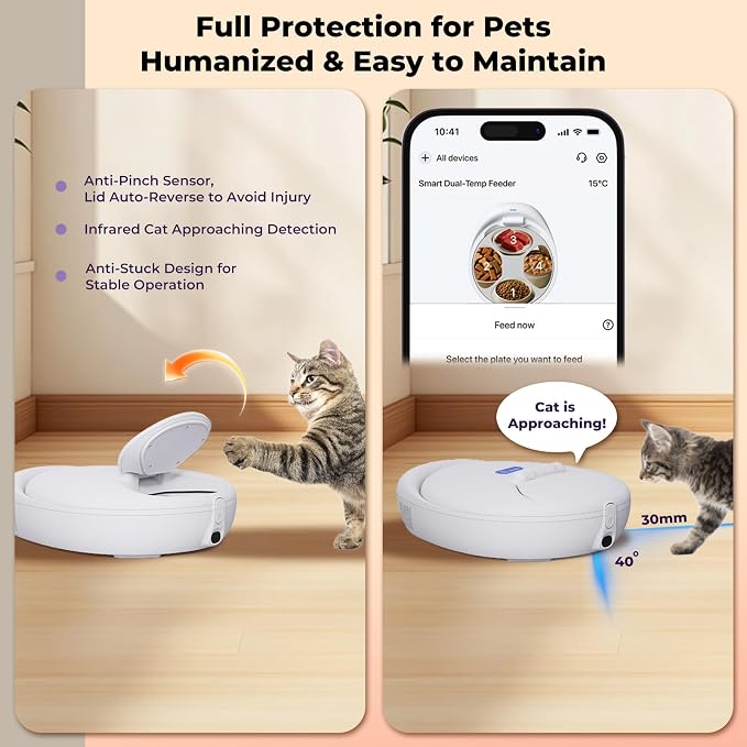 UBPET Smart Automatic Cat Feeder with Cooling & Heating, APP Control Dual-Temp Feeder for Wet/Dry/Raw Food, 24H Freshness, 4-Grid Tray, Anti-Pinch for Cats & Small Dogs (2-10kg)