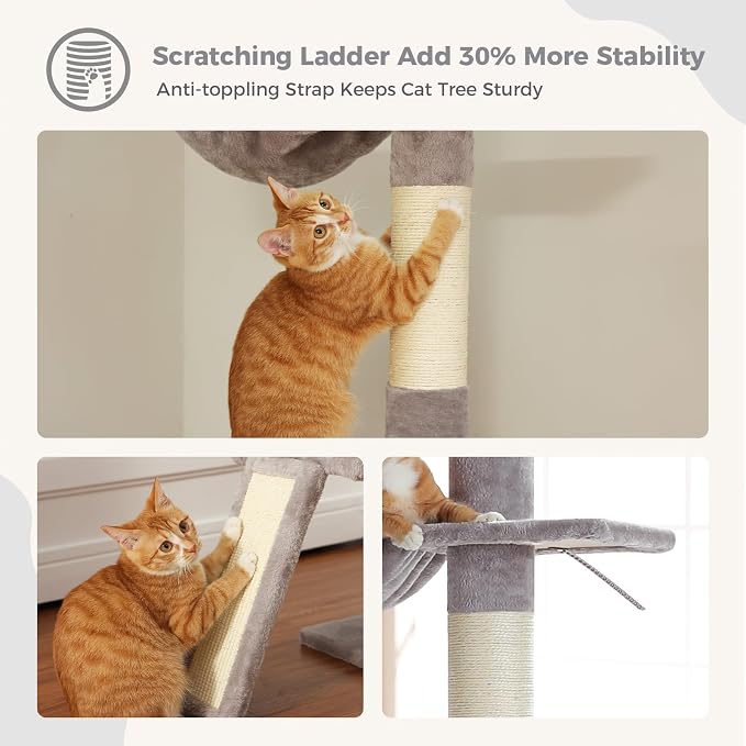 PEQULTI Floor to Ceiling Cat Tree, Adjustable 83-108in 5-Level Tower, Grey | Tension-mounted tall cat tower with 5 levels, cozy condo, hammock & sisal scratching post; wide base for indoor adult cats