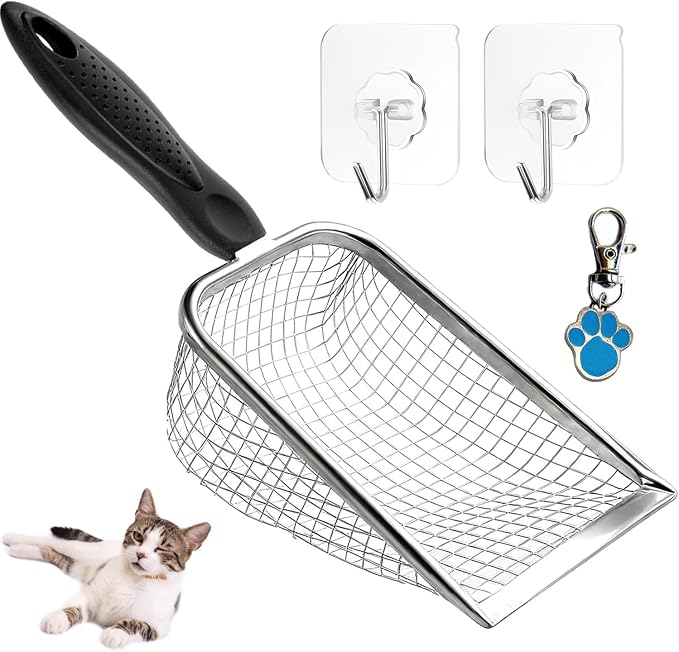 Cat Litter Scoop, Stainless Steel Cats Sturdy Mesh Scooper Kitty Metal Scooper Long Handle Scooper Shovel Sifter for All Litter Types Metal Cat Scooper for Litter Box