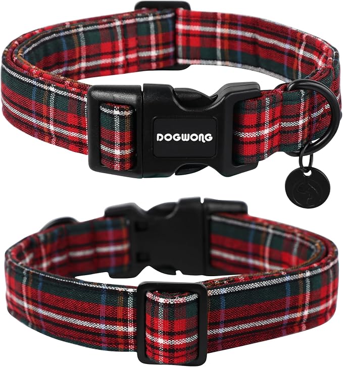 DOGWONG Christmas Cotton Dog Collar, Heavy-Duty Red Plaid Dog Collar Durable Soft Fabric Pet Dog Collars Cute Christmas Checked Puppy Necklace for Small Dogs