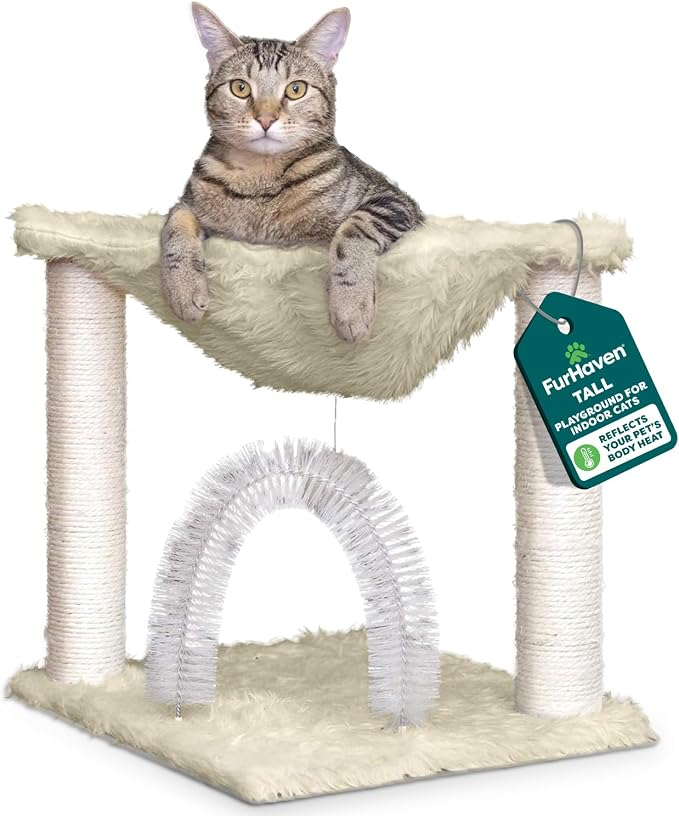 FurHaven 17.3" Tall Cat Scratching Post Tower for Indoor Cats, Sisal Cat Tree, Tiger Tough Hammock Interactive Playground, Toys & Perches for Cats, Sisal, Cream