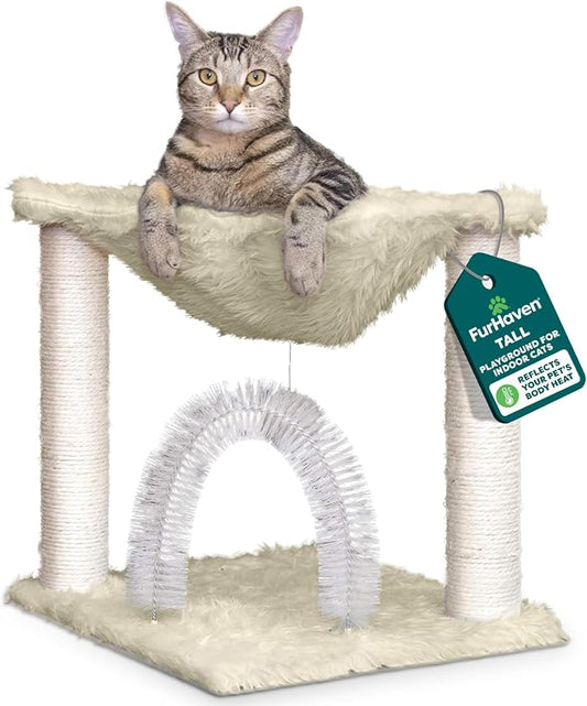 FurHaven 17.3" Tall Cat Scratching Post Tower for Indoor Cats, Sisal Cat Tree, Tiger Tough Hammock Interactive Playground, Toys & Perches for Cats, Sisal, Cream