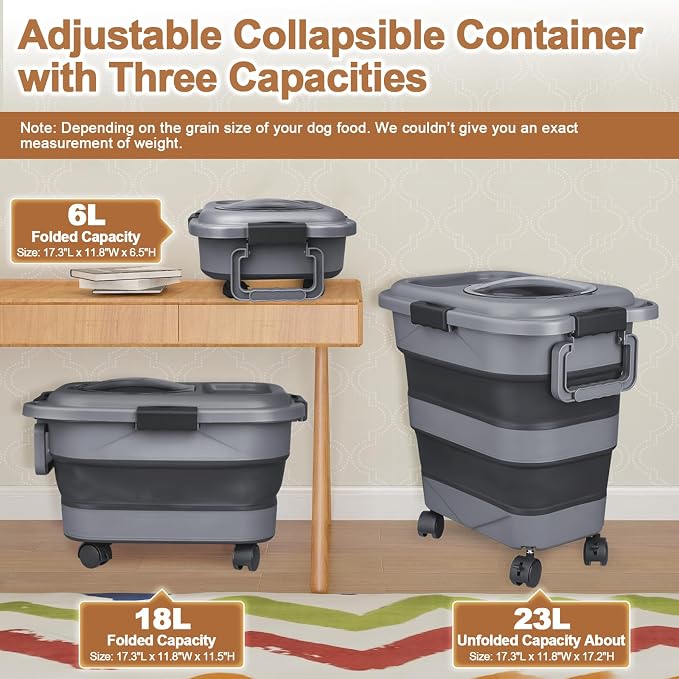 Dog Food Storage Container，23-25 lbs Airtight Collapsible Cat Food Storage Container with Attachable Wheels, Portable Handle, Dog Food Scoop for Dog Cat Bird Pet Dry Food Storage Bin Dark Grey