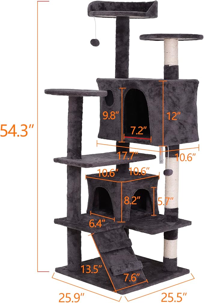 ZENY 54 Inch Cat Tree, Indoor Cat Tower Condo, Multi-Level Cat House with Sisal-Covered Scratching Post + 2 Play House, Pet Cat Furniture, Grey