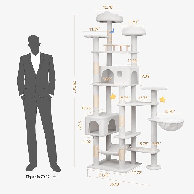 Meecal 79in Large White Cat Tree,Scratching Post,Perches,Condos & Hammocks | Sturdy Large Tower, Stable Structure for Multiple Big Cats, Heavy Duty, Scratch-Friendly ,High Weight Capacity, Tall Cat Gym