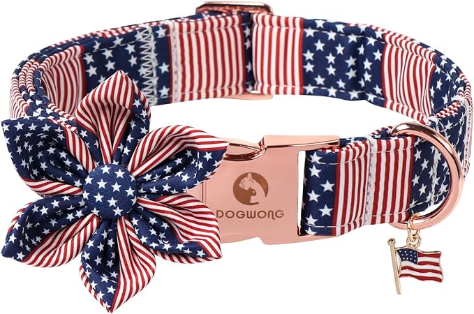 DOGWONG American Flag Dog Collar, 4 of July Dog Flower Heavy Duty Adjustable Patriotic Dog Collars with Bowtie for Small Dogs