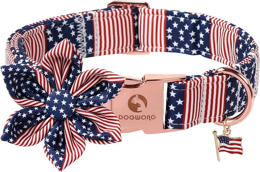 DOGWONG American Flag Dog Collar, 4 of July Dog Flower Heavy Duty Adjustable Patriotic Dog Collars with Bowtie for Small Dogs