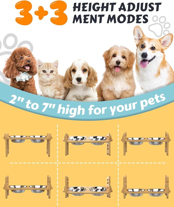 Jovrun Elevated Dog Bowls, Adjustable Raised Dog Bowl Stand for Small Size Dogs and Cats, 15°Tilted Elevated Cat Bowls, Durable Bamboo Dogs Feeder with 2 Stainless Steel Bowls and Non-Slip Feet