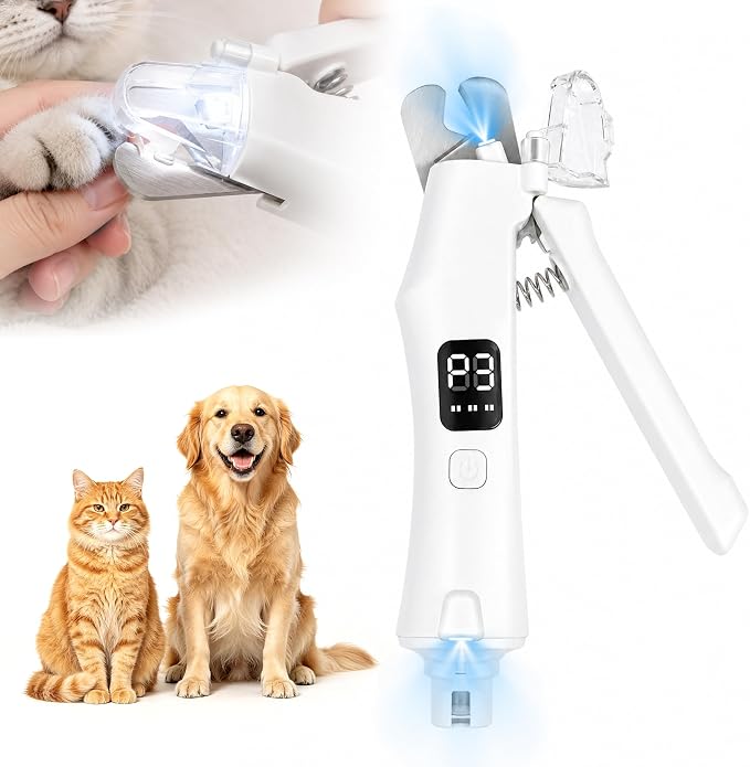 2 in 1 Dog & Cat Nail Clipper Grinder with LED Light | Built-in LED light, safety nail guard, electric grinder, low noise, 3-speed grinding, for Cats Small Medium Dogs