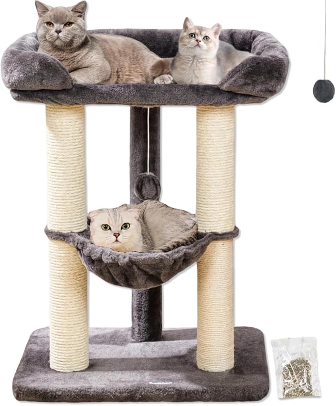 Happi N Pets 28" Cat Tree, Large Bed for Big Cats, Small Cat Tower with Soft Perch for Window Viewing, Stable Cat Tree Tower, Cat Scratching Post with Hammock, Removable Cover-Gray