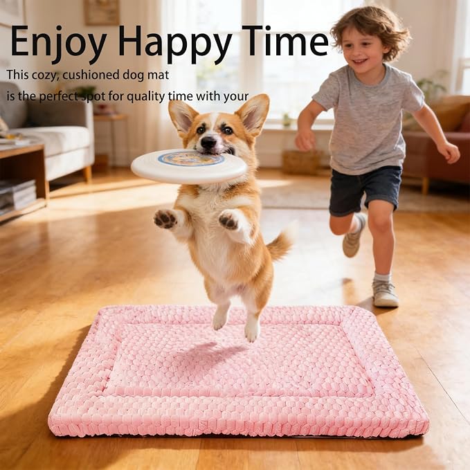 Dog Bed Mat, Reversible Dog Crate Pad for Small Medium Dogs & Cats, Soft Washable Kennel Mat with Non-Slip Bottom, Lightweight Pet Bed for Crate, Cage, Home and Travel(Pink, 30" L*20" W*1.5" Th)