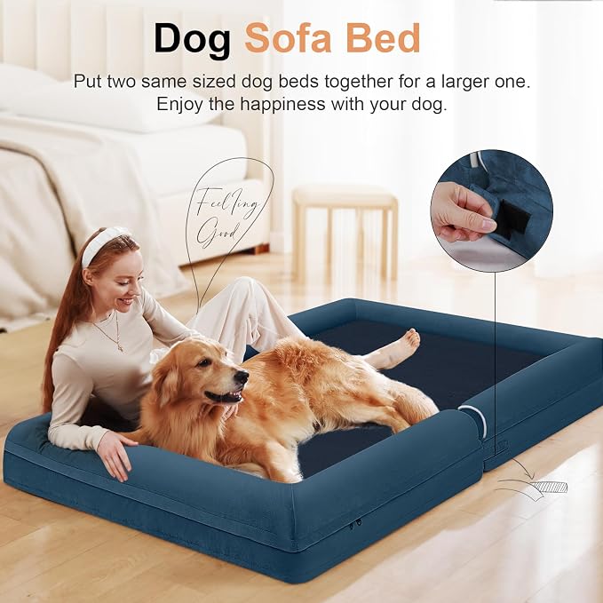 NANUYA Orthopedic Dog Bed for Large Dogs, 36 x 27 Inch, Navy Blue | Egg crate foam for joint support, 3-sided bolster pet sofa, waterproof lining, washable cover, and non-skid base
