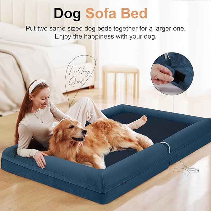 NANUYA Orthopedic Dog Bed for XX-Large Dogs, 44 x 34 Inch, Navy Blue | Egg crate foam for joint support, 3-sided bolster pet sofa, waterproof lining, washable cover, and non-skid base
