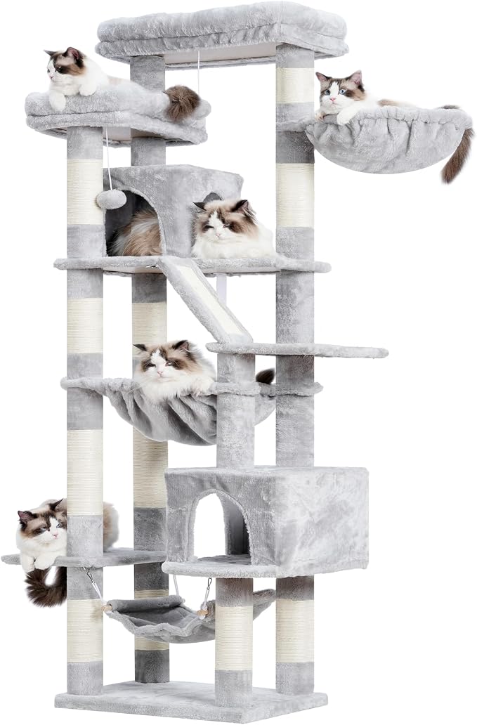 Heybly Cat Tree, 71-Inch-Tall Tower for Indoor Cats with 2 Perches HCT034W | Large Cat Furniture with 2 Big Condos, 2 Hammocks, Basket, Scratching Pad, Multi-Level Cat Condo, Light Gray