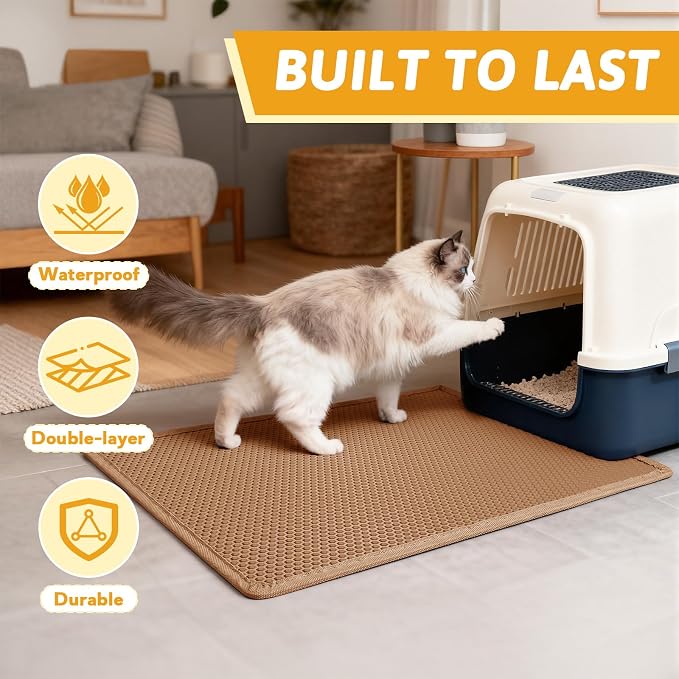 Pieviev Litter Mat, Double-Layer Waterproof Litter Trap, 30" x 24" Brown | Honeycomb Design Catches Scattered Particles to Stop Tracking, Urineproof Base Protects Floors, Easy to Clean