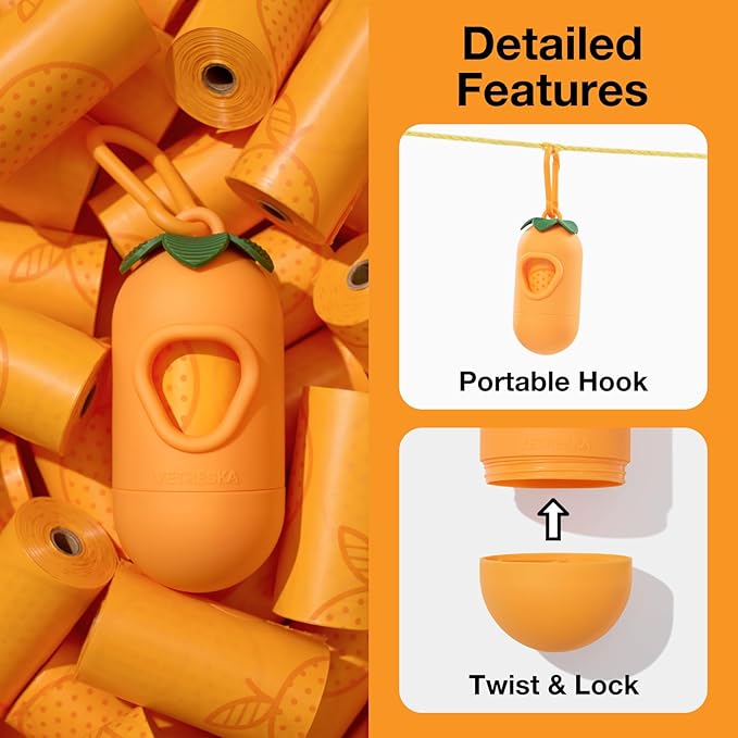 VETRESKA Dog Poop Bag Dispenser with Citrus Scented Waste Bags, Leak Proof, Extra Thick and Large Pet Poop Bags for Walking Dog and Cats Litter, 1 Count Holder and 105 Bags, Orange