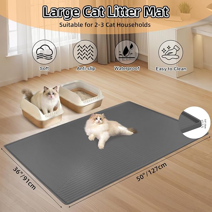 Silicone Cat Litter Mat 50" x 36" Cat Mat for Litter Box, Dark Grey | Extra Large Cat Litter Trapping Mat for Floor, Waterproof, Non-Slip Kitty Litter Box Mat with Raised Edge, Easy to Clean