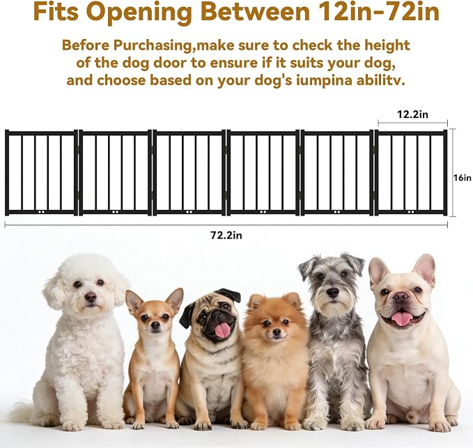Snuowu 16" Freestanding Short Dog Gate for Small Dogs – Foldable & Retractable, Expands Up to 72" Wide, 6-Panel Pet Barrier for Doorways, Stairs & Hallways (Black)