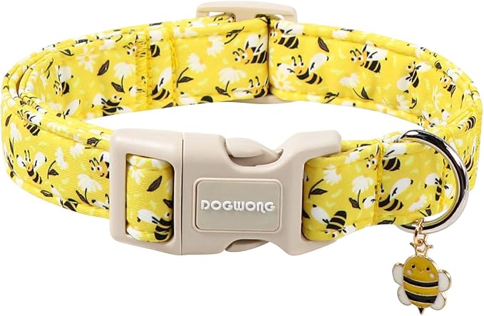 DOGWONG Cute Cotton Dog Collar for Small Medium Large Dogs Cute Yellow Bee Dog Collar for Boy Girl Dogs,S
