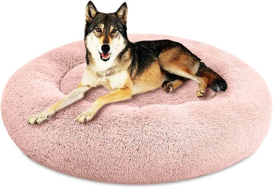 SAVFOX 45 inches Calming Donut Dog Bed - 3X Durable Plush Faux Fur, Machine Washable & Non-Slip, Fits up to 150 lbs, Pink
