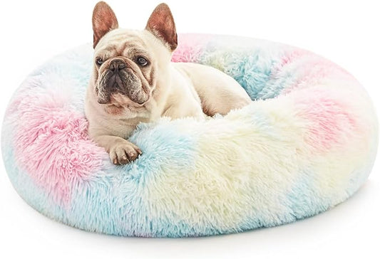 Love's cabin Calming Cat Bed for Indoor Cats, Anti-Anxiety Donut Round Dog Bed,Fluffy Faux Fur Washable Pet Bed for Small Medium Dogs and Cats, Rainbow, 20in