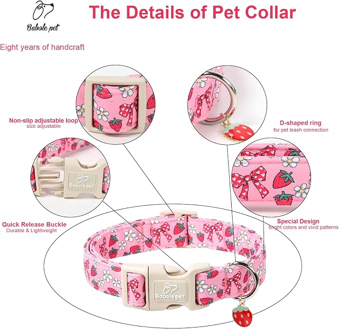 Strawberry Bow Dog Collar for Giant Large Dogs - Cute Pink Spring/Summer Girl Dog Collars, Lightweight Adjustable Female Girly Dogs Collars with Quick Release Buckle XL