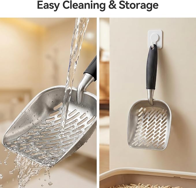 Cat Litter Scoop, Kitty Metal Scooper, Heavy Duty Aluminum Deep Sifter with Long Handle, Rustproof Durable Kitten Poop Shovel for Travel & Small Litter Box