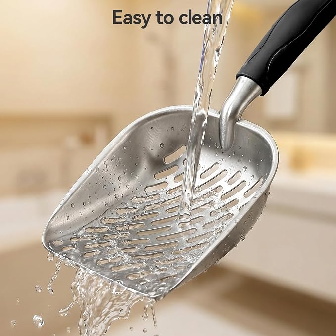 Cat Litter Scoop, Large Long Handle Kitty Metal Scooper, Heavy Duty Aluminum Deep Sifter, Ergonomic Non-Slip Grip, Rustproof Durable Poop Cleaner for Cat Litter Box