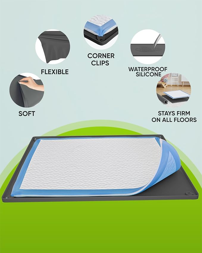TidyFriend Puppy Pad Holder Tray Fits for 11.5” x 17” Pee Pads with Corner Lock Holes, Raised Edges, Non-Spill, Easy to Clean Silicone Puppy Potty Tray Holder, For Indoor Floor Protection (Grey)
