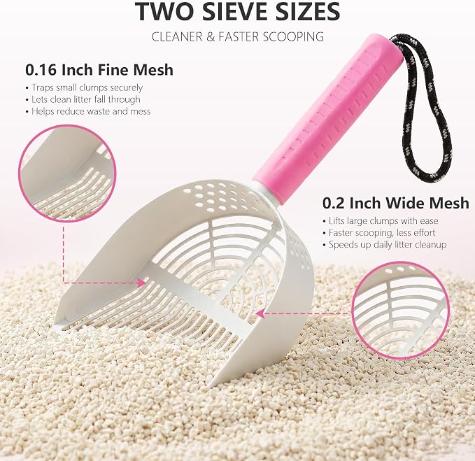 Cat Litter Scoop with Holder, 3 in 1 Metal Kitty Scooper, Heavy Duty Deep Litter Sifter with Dustpan & Mini Broom, Dual Coarse & Fine Grid, Quick Sift, Universal for All Cat Litter