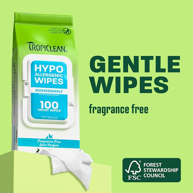 TropiClean Hypoallergenic Cleaning Pet Wipes, 100ct - Wipes for Dogs, Cats, Puppies & Kittens with Sensitive Skin - Gently Removes Dirt & Dander - Fragrance Free