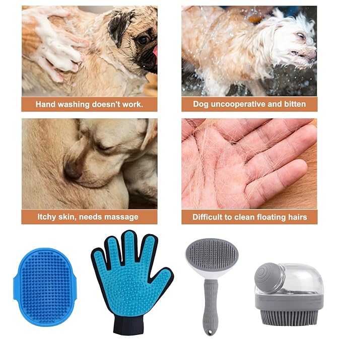 4Pcs Dog Shower Grooming Kit,Soft Silicone Pet Shampoo Massage Dispenser Grooming Shower Brush,Adjustable Soothing Rubber Brush,Self-Cleaning Slicker Comb,Gentle Deshedding Brush Glove for Cats & Dogs
