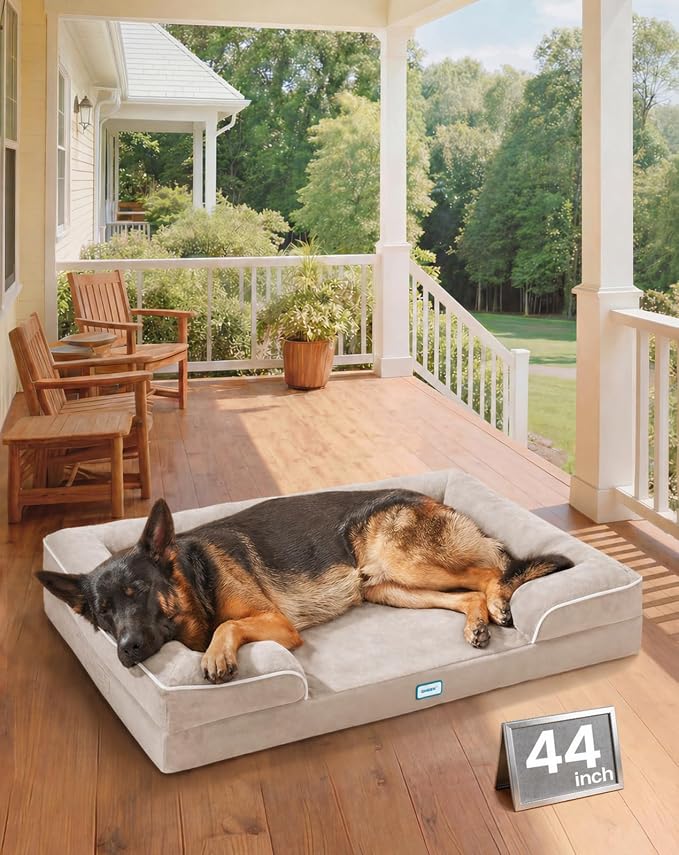 OhGeni Orthopedic Dog Bed Couch Big Cat Sofa for Extra Large Sized Pets with Memory Foam, Machine-Washable Waterproof Removable Cover, Soft Comfortable Fabric, 44-inch (Beige)