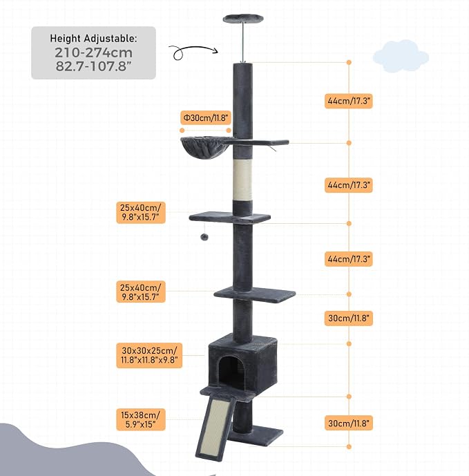 PEQULTI Floor to Ceiling Cat Tree, Adjustable 83-108in 5-Level Tower, Smoky | Tension-mounted tall cat tower with 5 levels, cozy condo, hammock & sisal scratching post; wide base for indoor adult cats